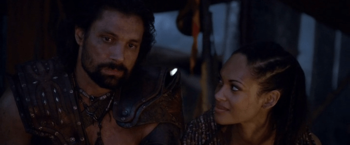 Crixus (Manu Bennett) and Naevia (Cynthia Addai-Robinson) in Spartacus Season 3 Episode 8