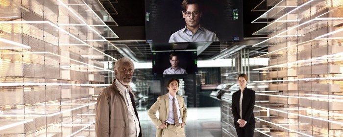 Morgan Freeman, Cillian Murphy, Johnny Depp and Rebecca Hall in TRANSCENDENCE (2014)